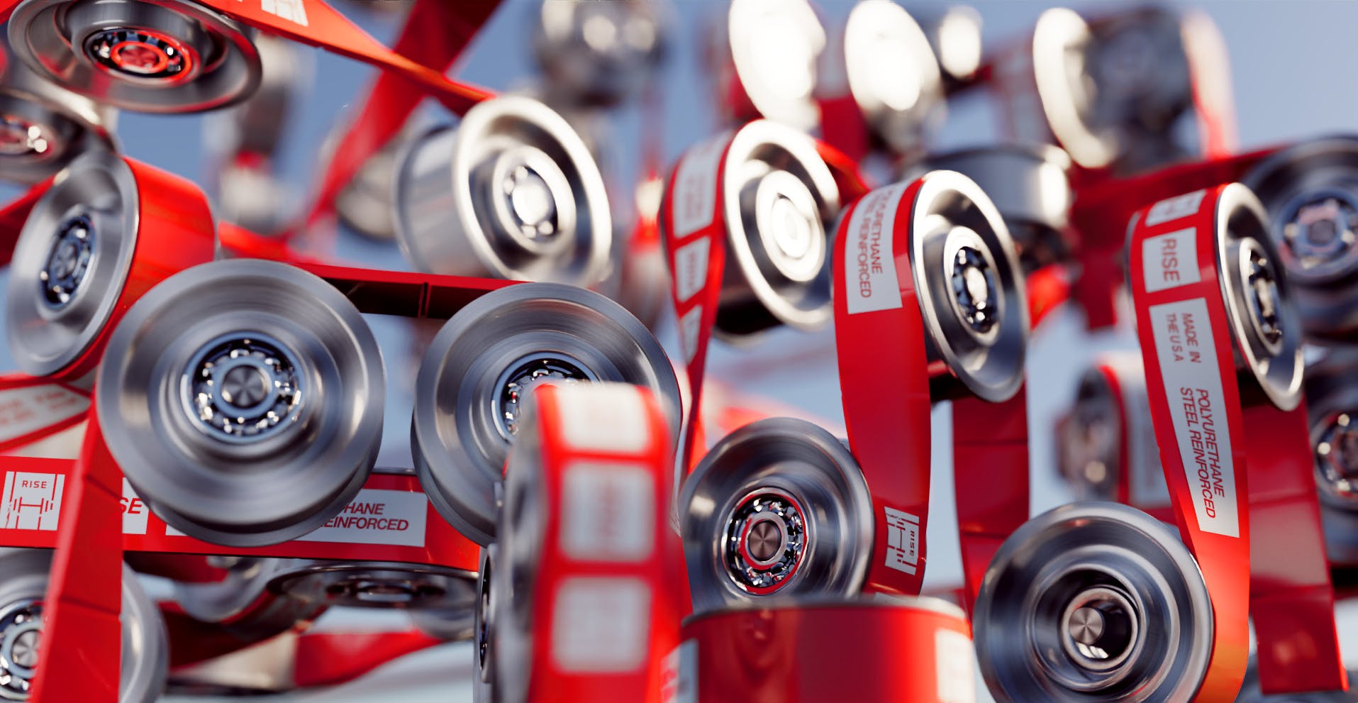 A visualization of the RISE&trade; Robotics angular flat belt drive system which enables highly loaded belts at angles and around corners to outperform traditional designs without sacrificing service life.