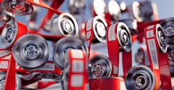 A visualization of the RISE™ Robotics angular flat belt drive system which enables highly loaded belts at angles and around corners to outperform traditional designs without sacrificing service life. A visualization of the RISE™ Robotics angular flat belt drive system which enables highly loaded belts at angles and around corners to outperform traditional designs without sacrificing service life.