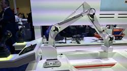 This display at Bosch Rexroth's IFPE 2023 booth demonstrates the electronic components now included within hydraulic systems to enable automated machine functions. This display at Bosch Rexroth's IFPE 2023 booth demonstrates the electronic components now included within hydraulic systems to enable automated machine functions.