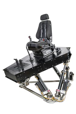 The six-degrees-of-freedom electric motion base fastens on top of a platform measuring approximately 2.2 x 2.7 m. The six-degrees-of-freedom electric motion base fastens on top of a platform measuring approximately 2.2 x 2.7 m.