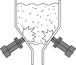 Although a component such as a pneumatic vibrator may be good at getting work done, such as eliminating plugging due to bridging (illustrated in this image), it uses a lot of energy and alternatives such as an impact cylinder could be considered instead. Although a component such as a pneumatic vibrator may be good at getting work done, such as eliminating plugging due to bridging (illustrated in this image), it uses a lot of energy and alternatives such as an impact cylinder could be considered instead.