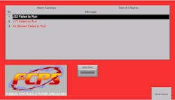 Figure 4: The local interface built on the AutomationDirect C-more CM5 series 10 in. color touchscreen HMI leverages attention grabbing colors to provide visual alerts and alarm summaries to support maintenance efforts by workers at the equipment. Figure 4: The local interface built on the AutomationDirect C-more CM5 series 10 in. color touchscreen HMI leverages attention grabbing colors to provide visual alerts and alarm summaries to support maintenance efforts by workers at the equipment.