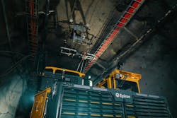 Use of a pantograph as part of the battery-electric trolley system enables continuous operation of the Epiroc mine trucks. Use of a pantograph as part of the battery-electric trolley system enables continuous operation of the Epiroc mine trucks.