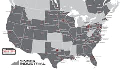 A map of Singer Industrial's presence in North America A map of Singer Industrial's presence in North America