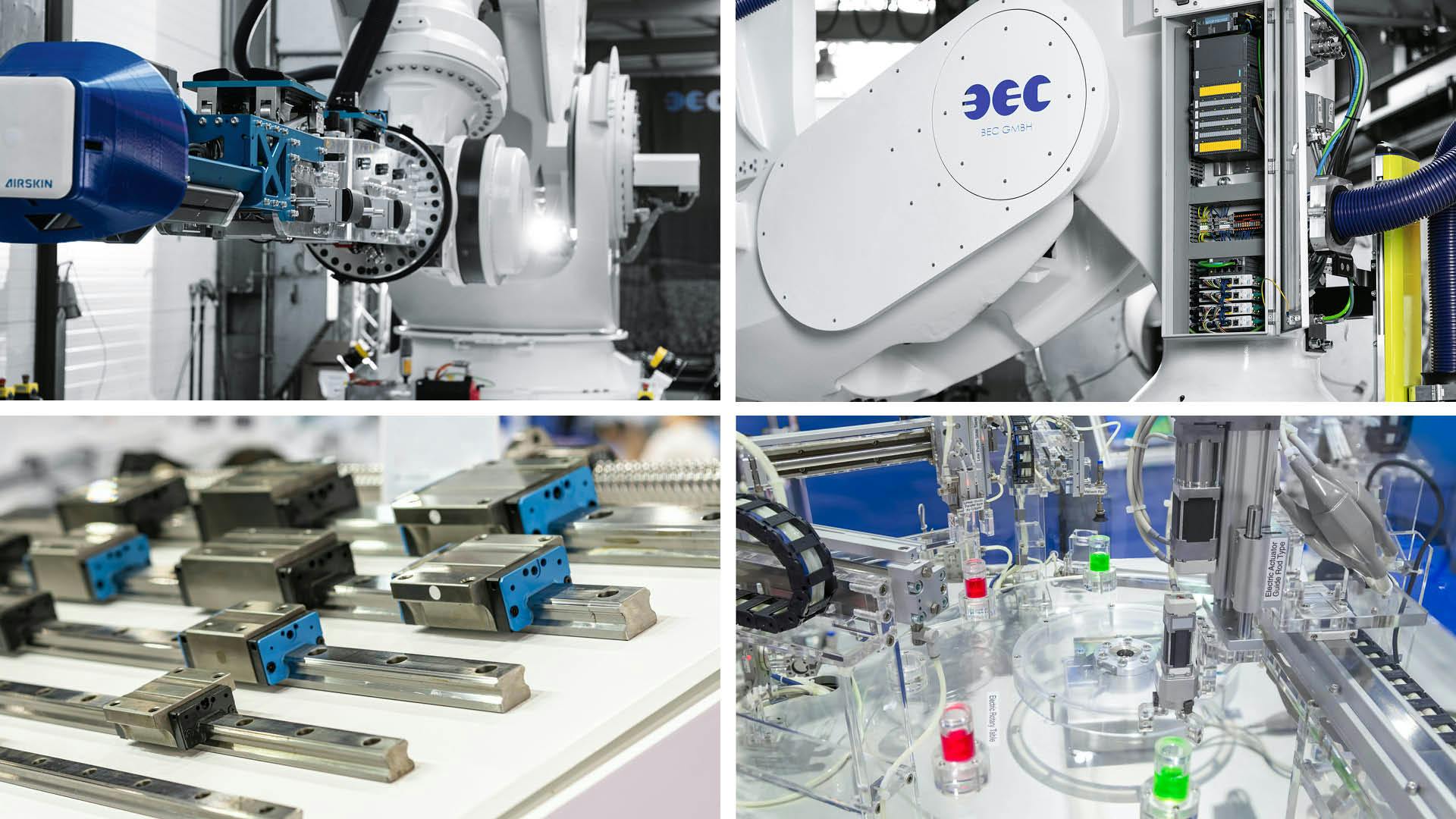 A composite of images depicting electric actuator technology in various applications