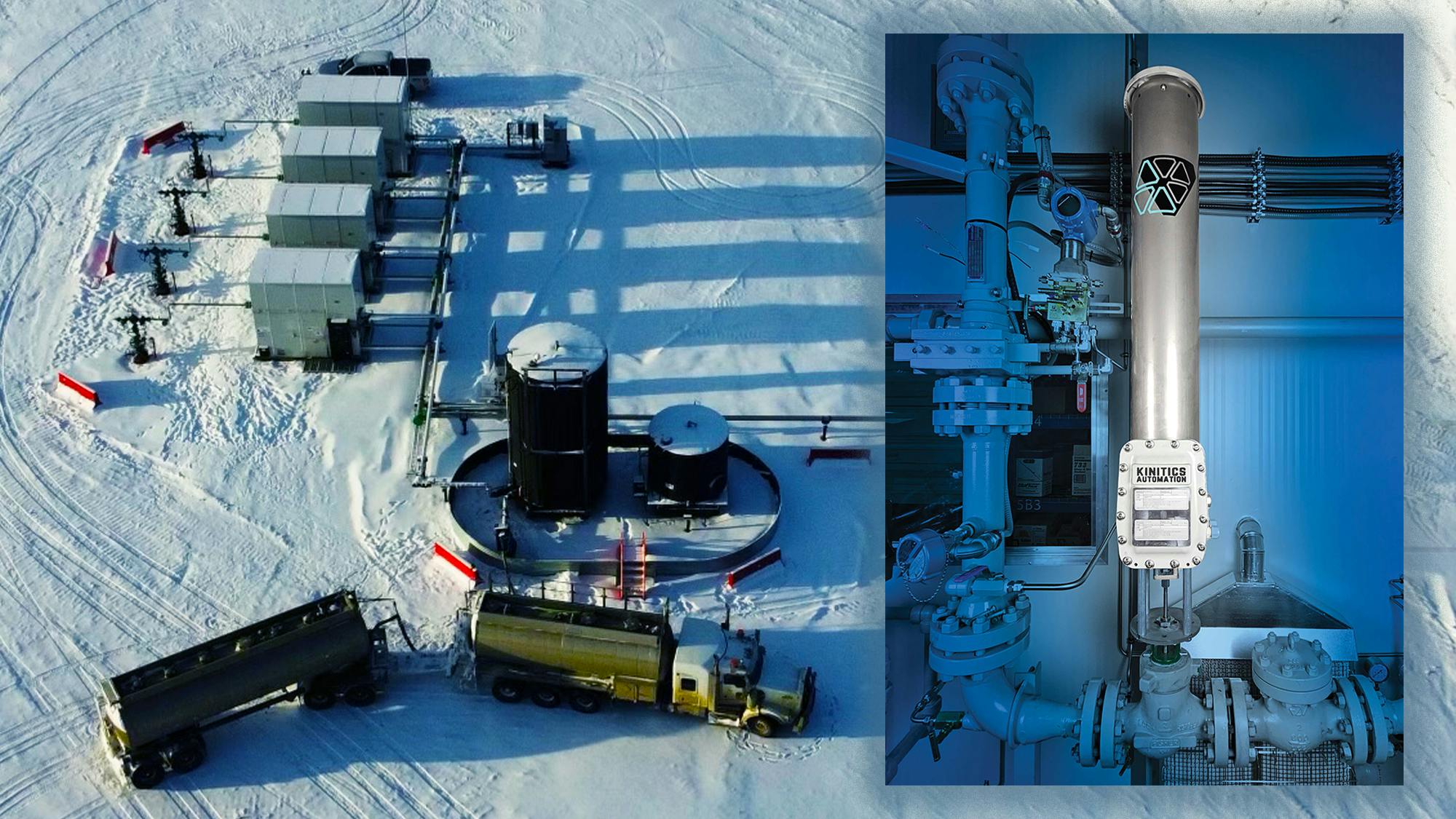 An image of the Kinitics Automation KVA38 valve actuator next to an image of a natural gas production site where the actuator is used