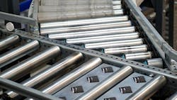 A close up view of the angled wheels used in pop-up diverter sortation systems A close up view of the angled wheels used in pop-up diverter sortation systems