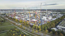 An aerial view of one of the outdoor exhibits at bauma filled with various types of construction and mining machinery