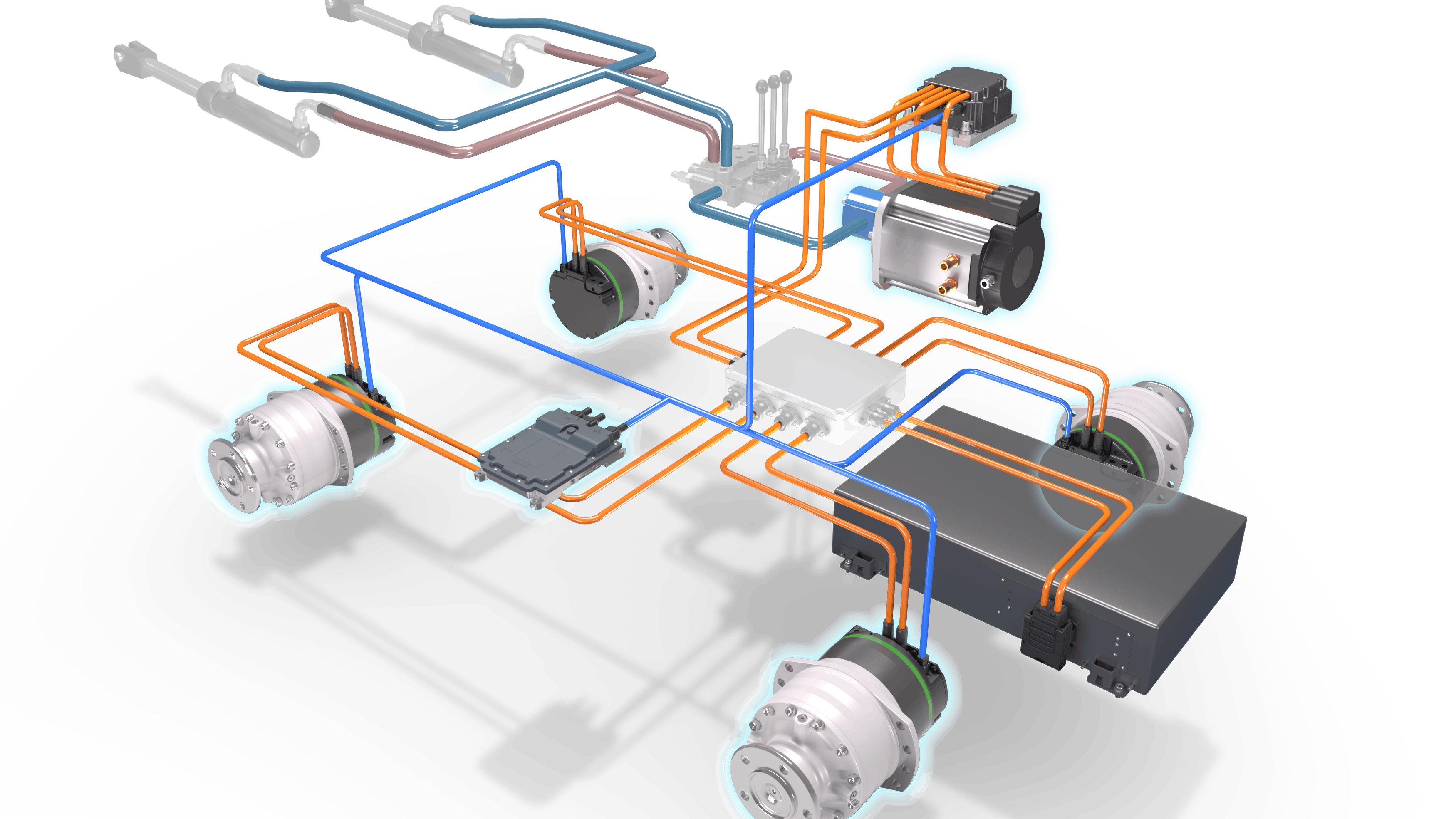 An image showing the various components contained in Poclain Hydraulics' full-electric chassis