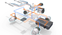 An image showing the various components contained in Poclain Hydraulics' full-electric chassis An image showing the various components contained in Poclain Hydraulics' full-electric chassis