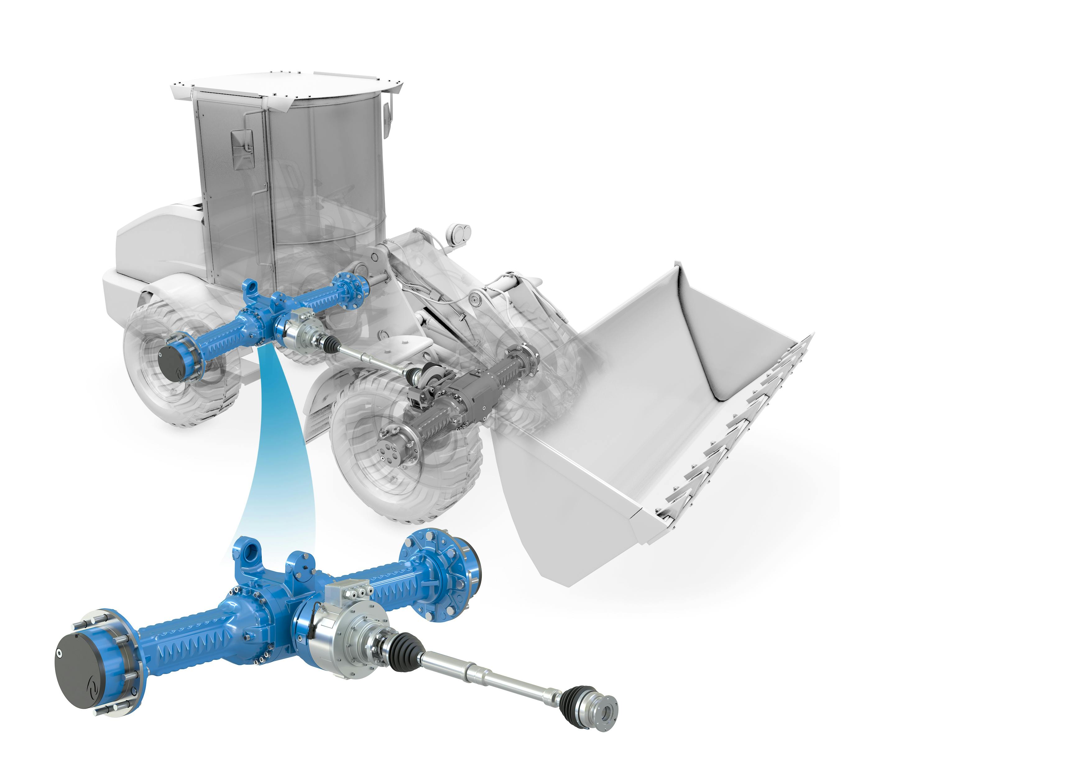 A powertrain system in the foreground with a wheel loader in the background showing where the system would be installed