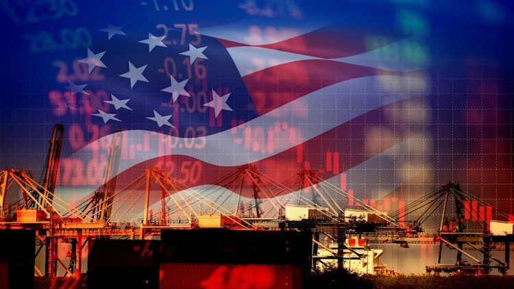An American flag superimposed over a shipping yard