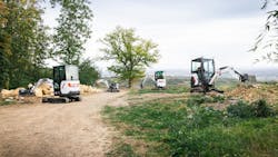 Four of Bobcat's new 1-2 tonne mini excavators on a work site Four of Bobcat's new 1-2 tonne mini excavators on a work site