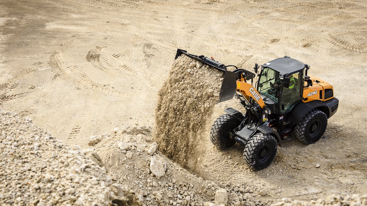 The CASE 421G wheel loader working on a job site