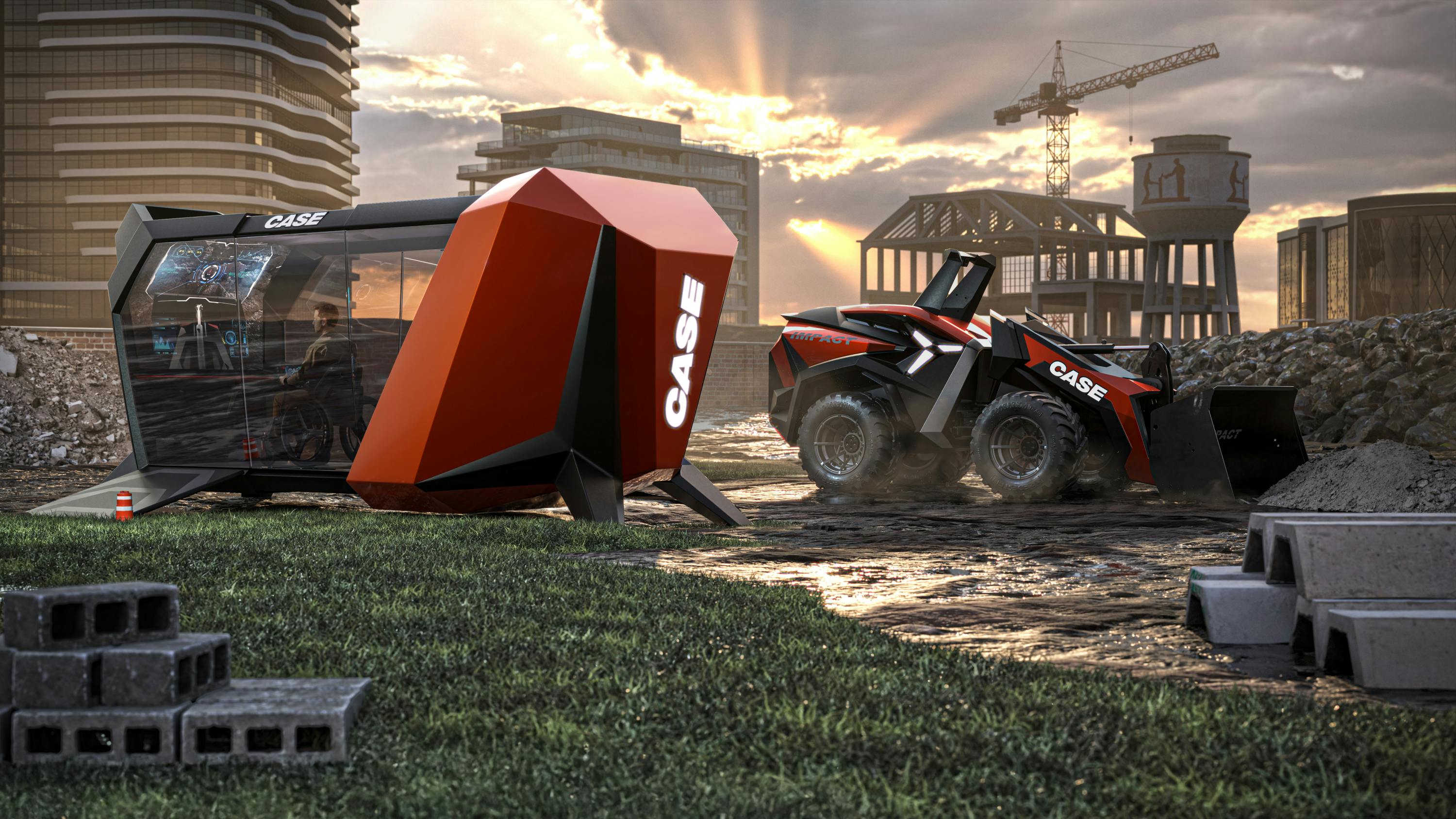 The CASE Impact wheel loader concept with a person remotely controlling it in a dedicated control lounge