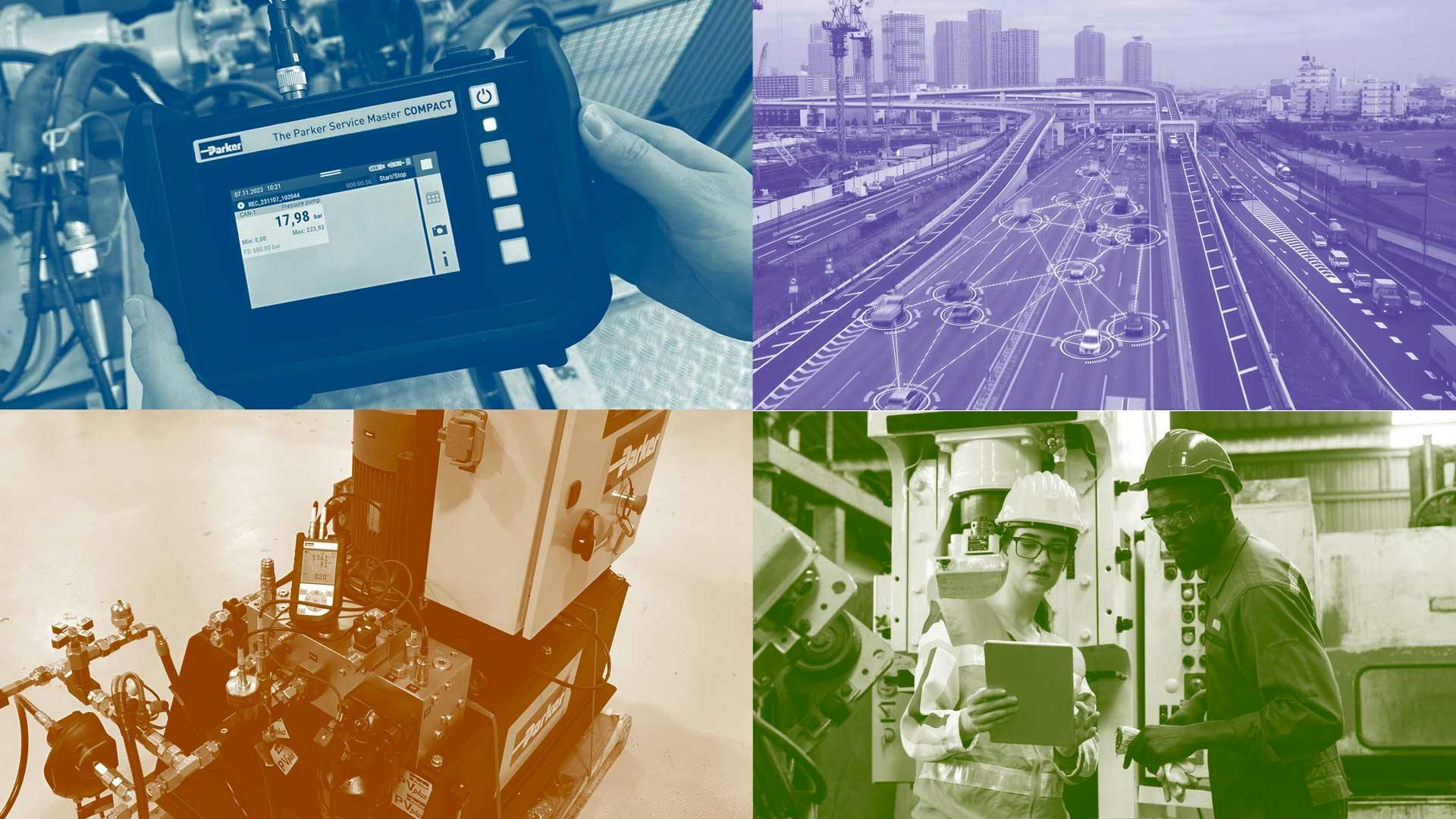 A composite of images depicting how data and connectivity are used in fluid power applications