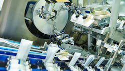 A conveyor line for packaging bottles using fluid power components A conveyor line for packaging bottles using fluid power components