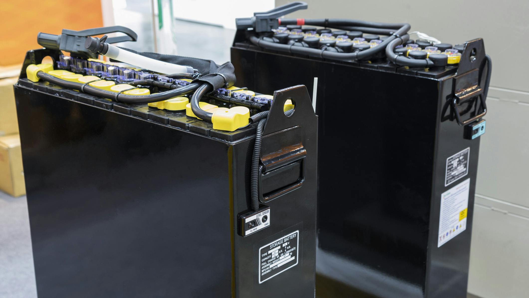 A pair of industrial batteries for forklifts