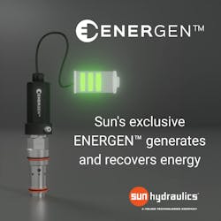 A concept image showing the Sun Hydraulics ENERGEN cartridge valve producing electric power A concept image showing the Sun Hydraulics ENERGEN cartridge valve producing electric power