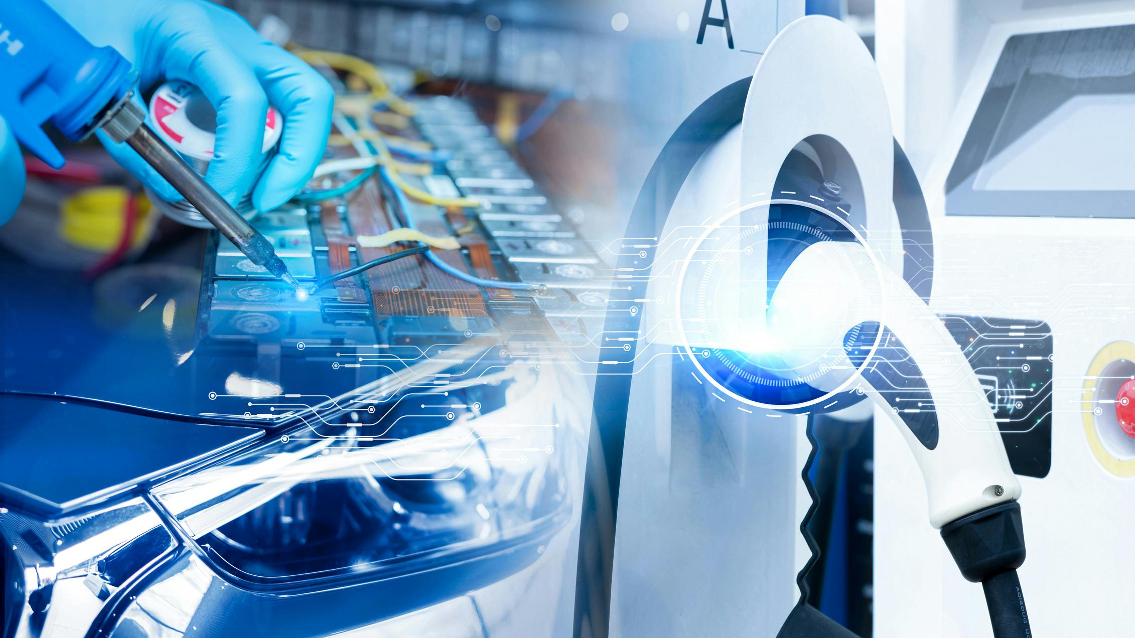 A composite image of an electric vehicle charger and electronic components being worked on