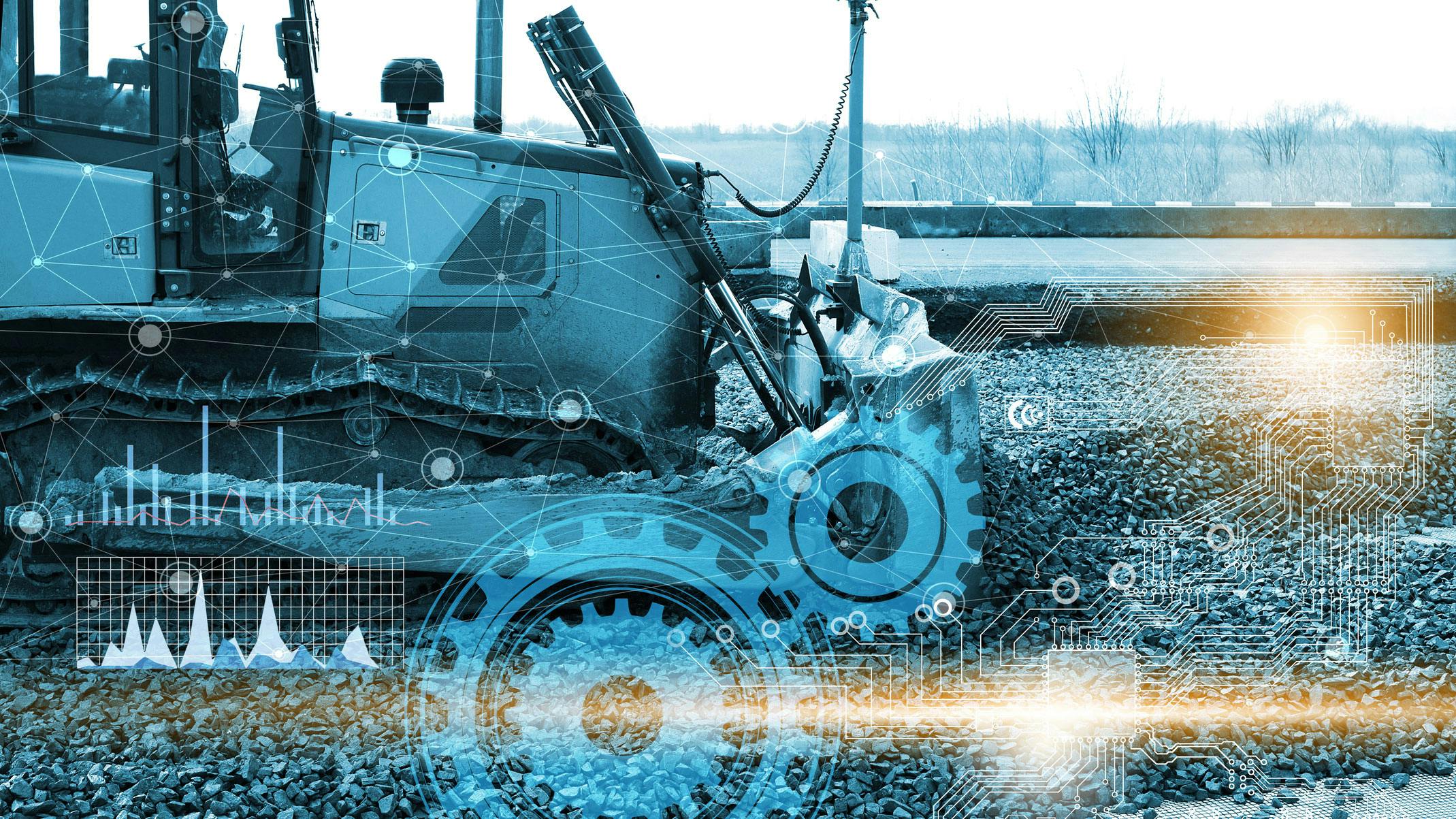 A dozer with computer and data imagery superimposed over it to demonstrate the technologies helping automate these machines