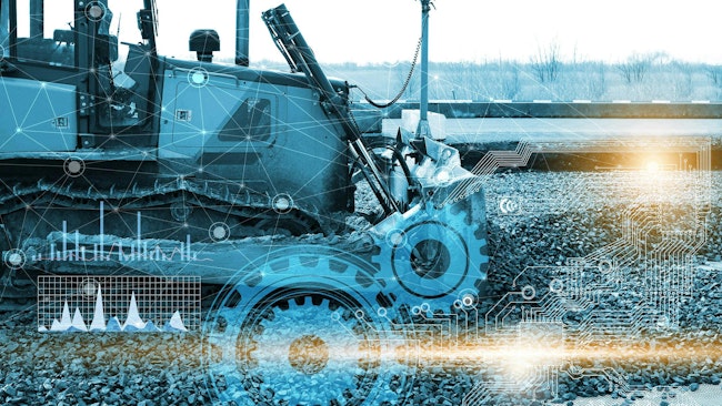 A dozer with computer and data imagery superimposed over it to demonstrate the technologies helping automate these machines