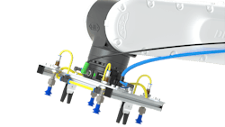 The Impaqt Robotics pneuvaQ which incorporates pneumatic and vacuum technology in a single device installed on a robot arm The Impaqt Robotics pneuvaQ which incorporates pneumatic and vacuum technology in a single device installed on a robot arm
