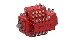 An image of the Tonand variable displacement piston pump which features an integrated hydraulic pressure intensifier system to keep its packaging size more compact An image of the Tonand variable displacement piston pump which features an integrated hydraulic pressure intensifier system to keep its packaging size more compact