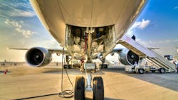 An underside view of an airplane showing components and systems An underside view of an airplane showing components and systems
