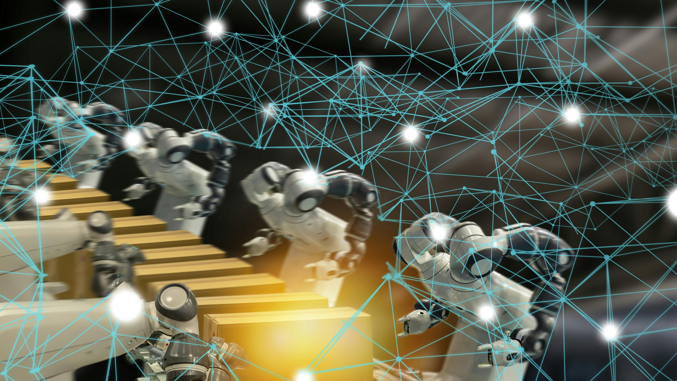 Robots and data lines to provide a depiction of industrial automation