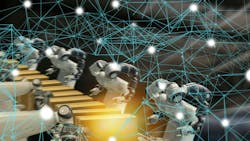 Robots and data lines to provide a depiction of industrial automation Robots and data lines to provide a depiction of industrial automation