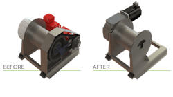 An image comparing a customer's original winch on the left and a redesigned winch with fewer components from Regal Rexnord An image comparing a customer's original winch on the left and a redesigned winch with fewer components from Regal Rexnord