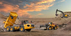 An image of three types of Volvo Construction Equipment machinery on a job site An image of three types of Volvo Construction Equipment machinery on a job site