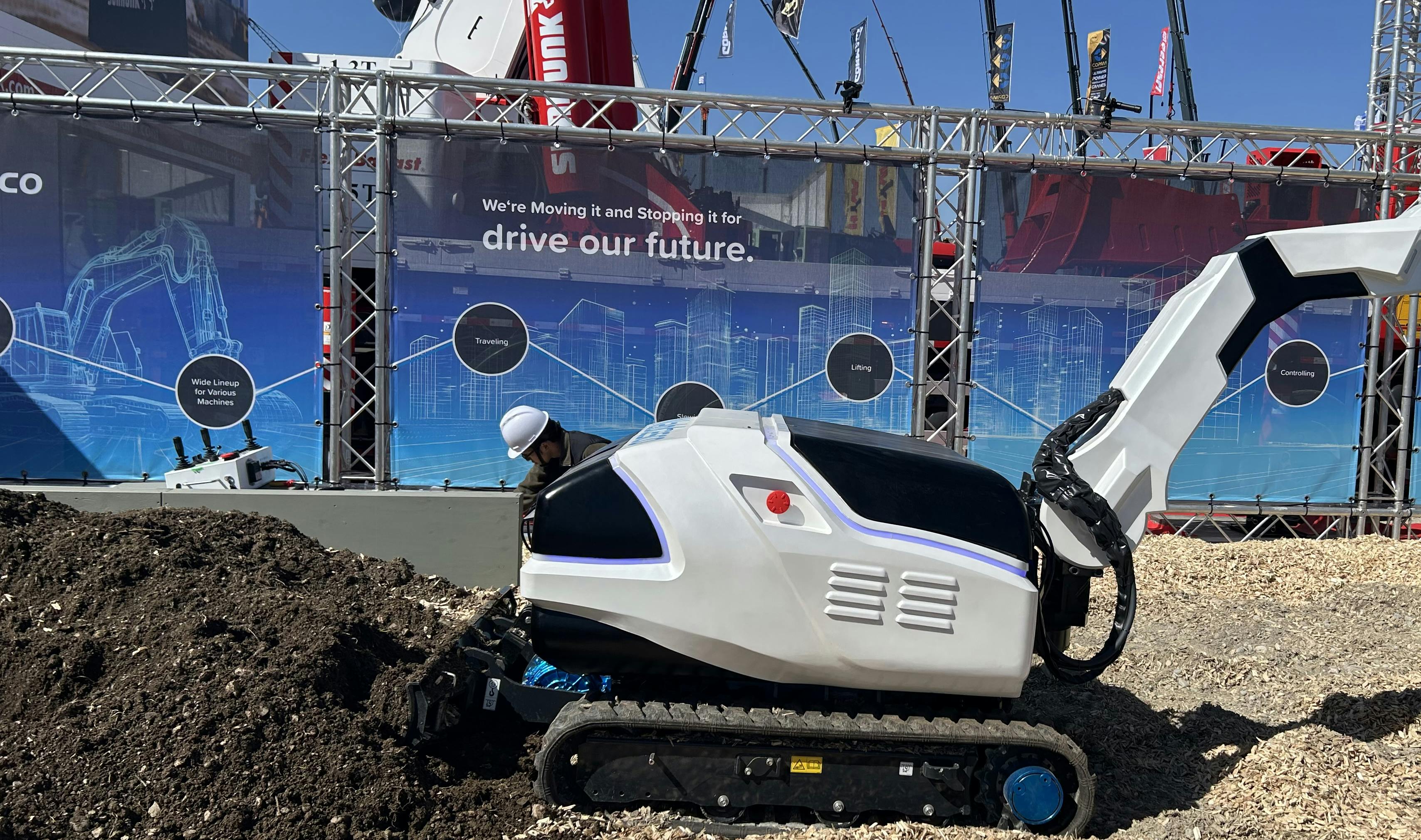 A concept A concept electric and autonomous excavator which utilizes hydraulics on display at bauma 2025