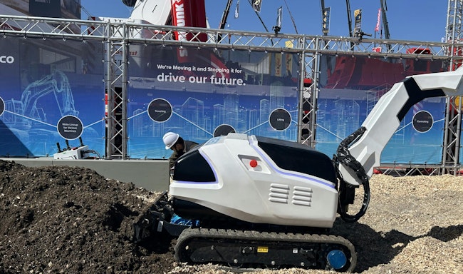 A concept A concept electric and autonomous excavator which utilizes hydraulics on display at bauma 2025