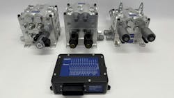 The ECU in front of three manifold types available in the Mako Hydraulics development kit The ECU in front of three manifold types available in the Mako Hydraulics development kit