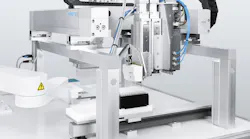 Close up of automated sampling system in laboratory utilizing pneumatic and electric technologies