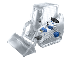Transparent compact track loader with hydraulic and electric components visible Transparent compact track loader with hydraulic and electric components visible