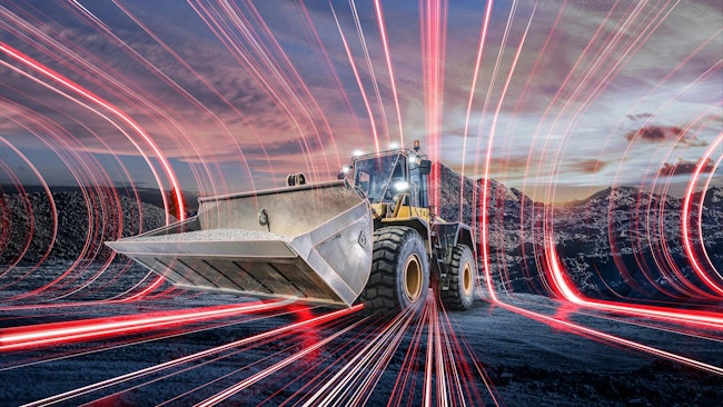A wheel loader with red lines coming out of it to illustrate electrification