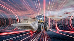 A wheel loader with red lines coming out of it to illustrate electrification A wheel loader with red lines coming out of it to illustrate electrification