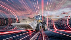 A wheel loader with red lines coming out of it to illustrate electrification A wheel loader with red lines coming out of it to illustrate electrification