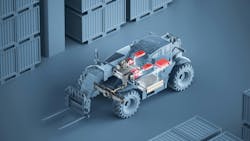 Transparent telehandler with Danfoss Editron electrification components visible in the machine Transparent telehandler with Danfoss Editron electrification components visible in the machine