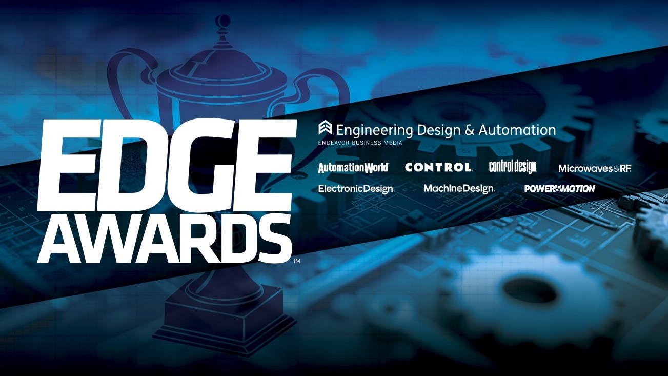 Depiction of gears and engineering drawings with a trophy to signify winners of 2025 EDGE Awards