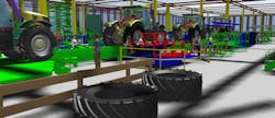 Simulation of tractors moving down a manufacturing line Simulation of tractors moving down a manufacturing line