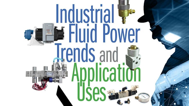 A man's silhouette with digital imagery, hydraulic and pneumatic components and text about industrial fluid power