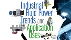 A man's silhouette with digital imagery, hydraulic and pneumatic components and text about industrial fluid power A man's silhouette with digital imagery, hydraulic and pneumatic components and text about industrial fluid power