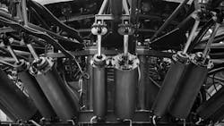 Underside view of a machine and several hydraulic cylinders installed on it Underside view of a machine and several hydraulic cylinders installed on it