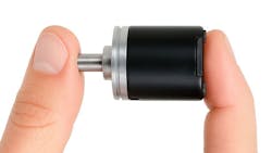 The POSITAL 20 mm Diameter IXARC Multiturn Encoder being held between 2 fingers to show its compact size The POSITAL 20 mm Diameter IXARC Multiturn Encoder being held between 2 fingers to show its compact size