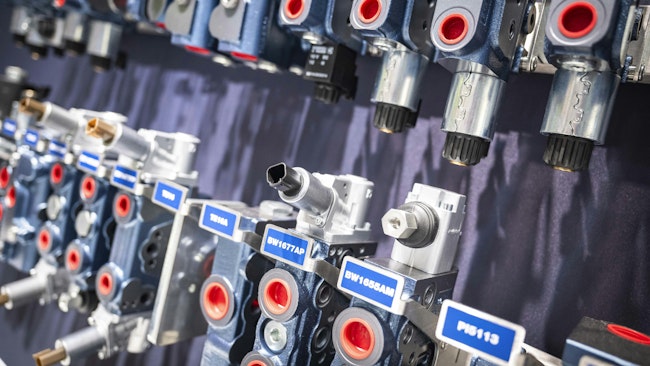 Several hydraulic components lined up on display at Agritechnica