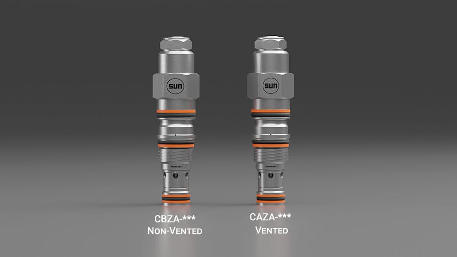 Sun Hydraulics CAZA and CBZA Counterbalance Valves placed next to each other on a gray background
